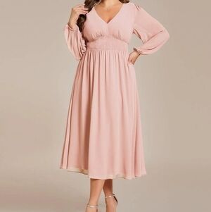 Ever Pretty Blush Pink V-Neck Long Sleeve Midi Dress